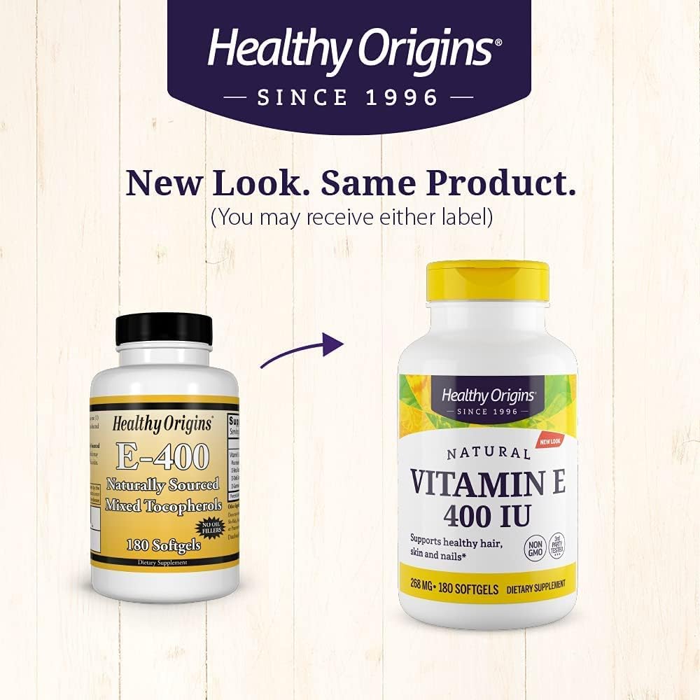 Non-GMO Vitamin E Supplement with Mixed Tocopherols - 400 IU - Skin, Hair, Nails - 180 Softgels - Gluten-Free