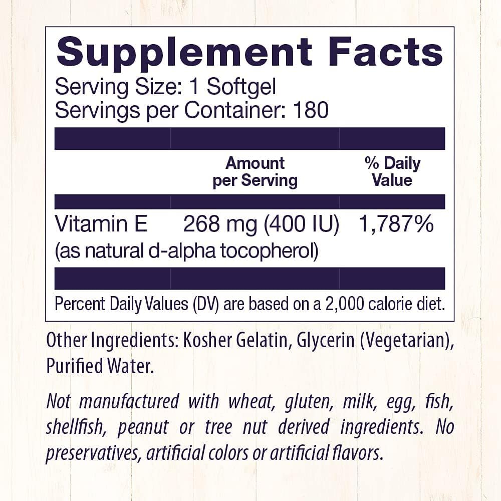 Non-GMO Vitamin E Supplement with Mixed Tocopherols - 400 IU - Skin, Hair, Nails - 180 Softgels - Gluten-Free