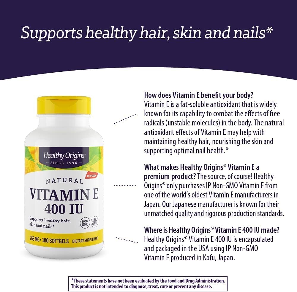 Non-GMO Vitamin E Supplement with Mixed Tocopherols - 400 IU - Skin, Hair, Nails - 180 Softgels - Gluten-Free