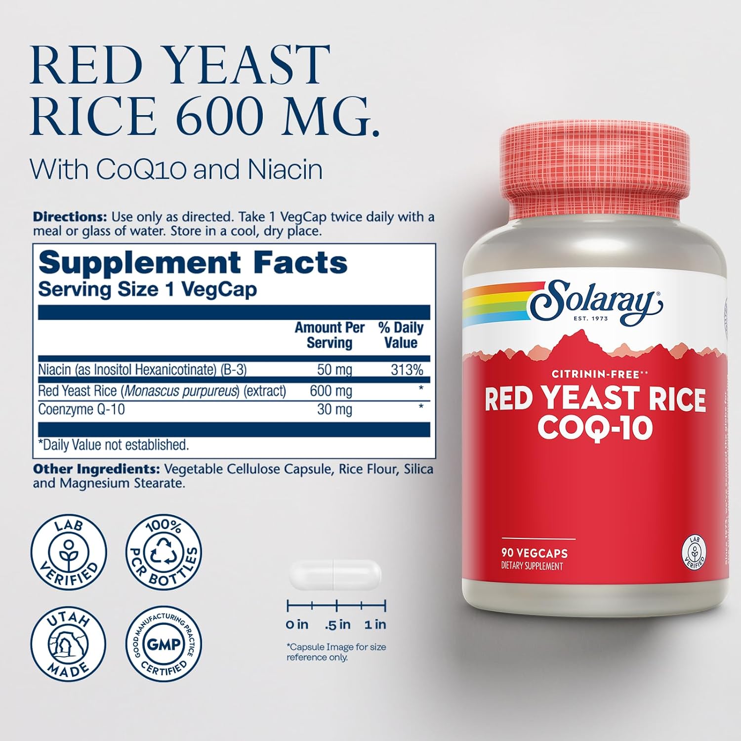 Non-Irradiated Red Yeast Rice with CoQ10 and Niacin - Citrinin Free Formula - Lab Verified - 90 VegCaps - 60-Day Guarantee