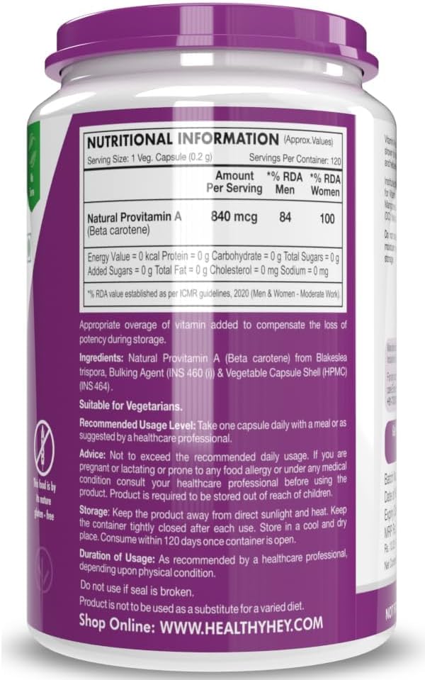Non-Synthetic Natural Vitamin A from Beta Carotene - 120 Veg Capsules | Non-GMO Formula