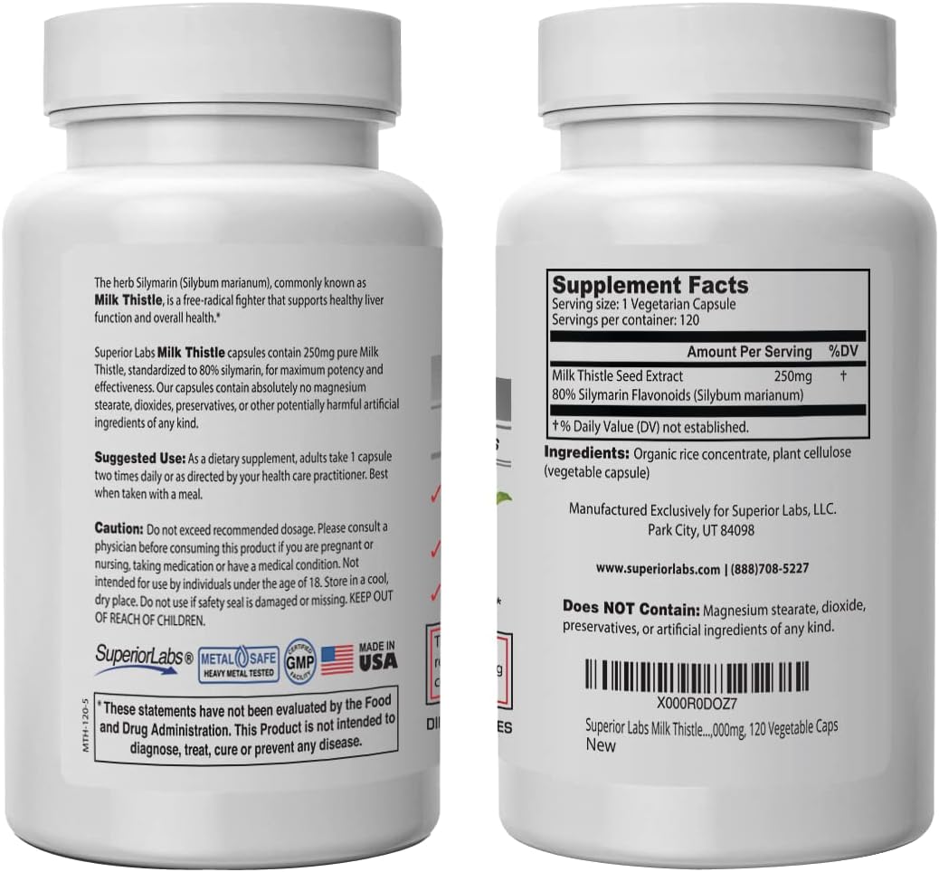 NonGMO Milk Thistle Extract - 80% Silymarin Flavonoids - Supports Liver and Kidney Health - 120 Capsules, 250mg