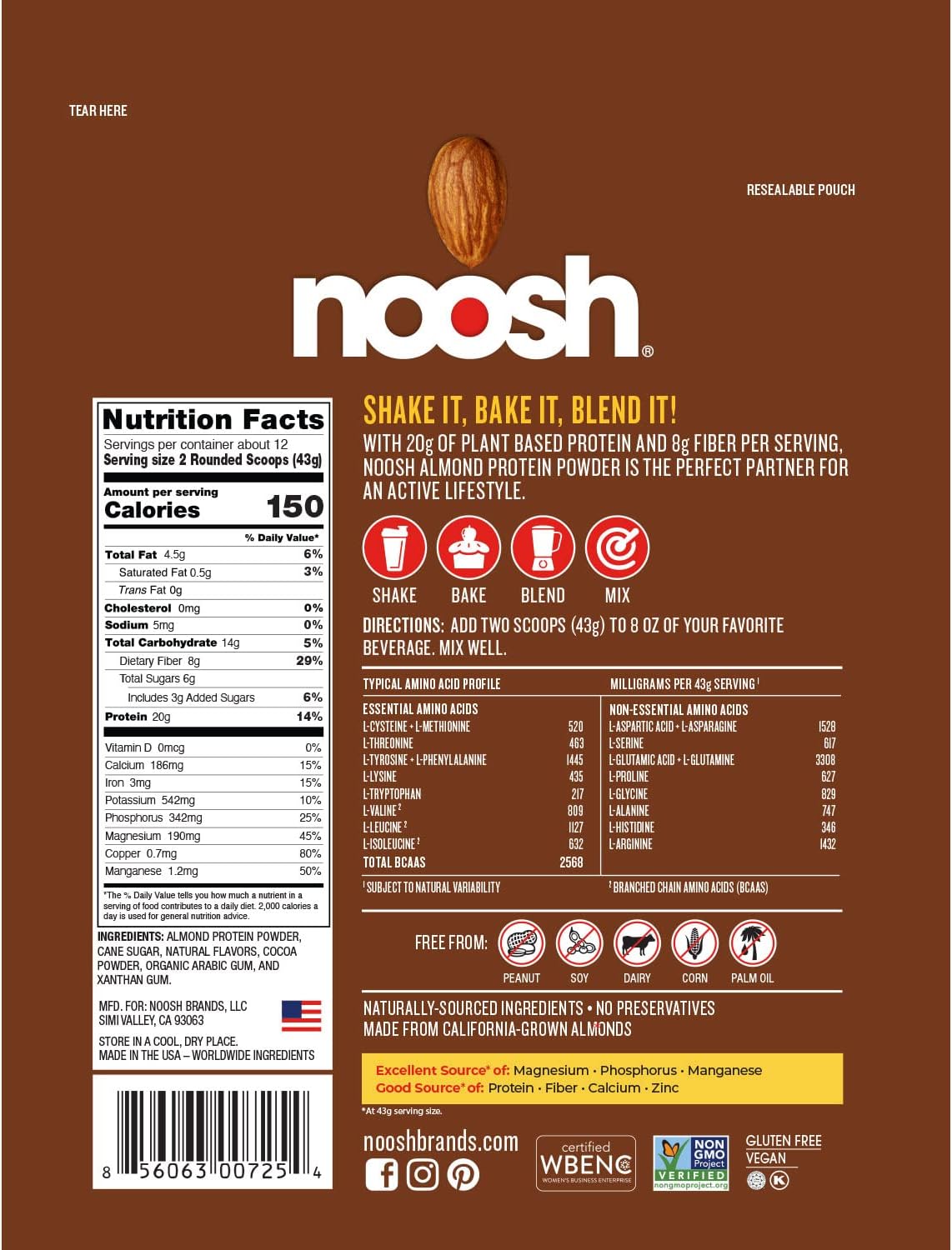 NOOSH Chocolate Almond Protein Powder - Vegan, Non-GMO, Gluten-Free - 35g