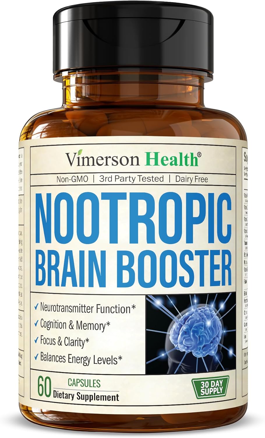 Nootropic Brain Support Supplement for Focus, Memory, and Energy - Non-GMO Brain Booster with Mood Support - 60 Capsules