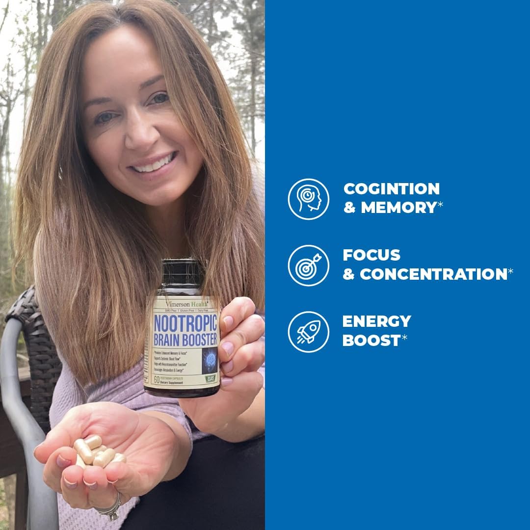 Nootropic Brain Support Supplement for Focus, Memory, and Energy - Non-GMO Brain Booster with Mood Support - 60 Capsules