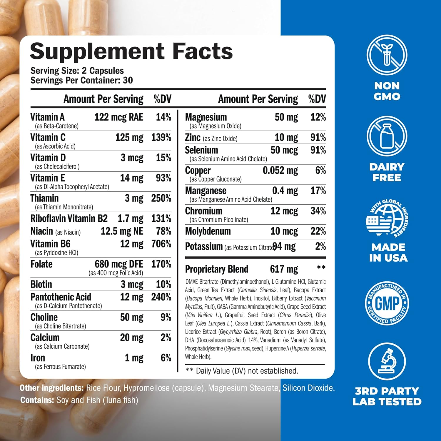 Nootropic Brain Support Supplement for Focus, Memory, and Energy - Non-GMO Brain Booster with Mood Support - 60 Capsules