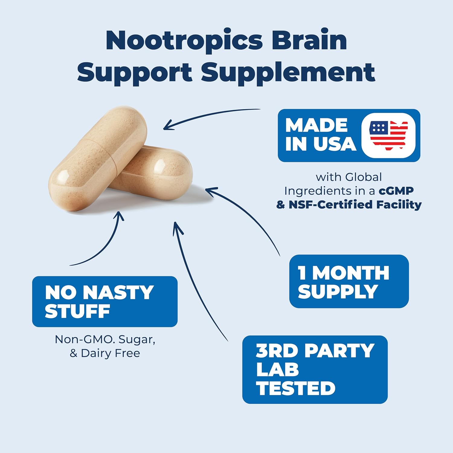 Nootropic Brain Support Supplement for Focus, Memory, and Energy - Non-GMO Brain Booster with Mood Support - 60 Capsules