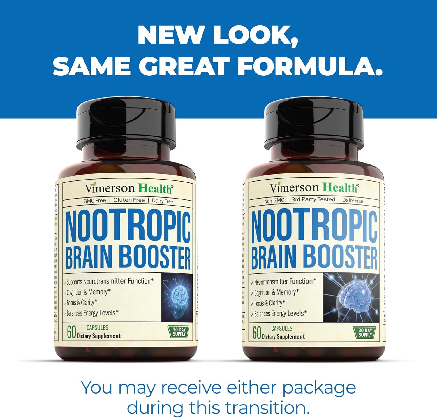 Nootropic Brain Support Supplement for Focus, Memory, and Energy - Non-GMO Brain Booster with Mood Support - 60 Capsules