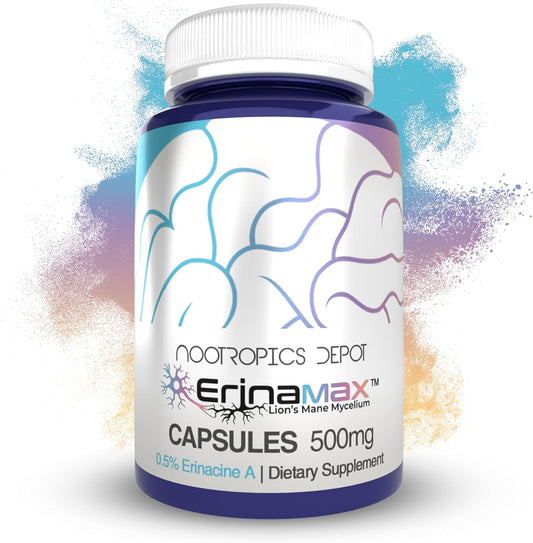 Nootropics Depot Erinamax Lion's Mane Capsules - 120 Count with Liquid Culture Mycelium | 500mg, 2.5mg Erinacine A | Mood, Cognition, & Nerve Support - BoostGo Australia