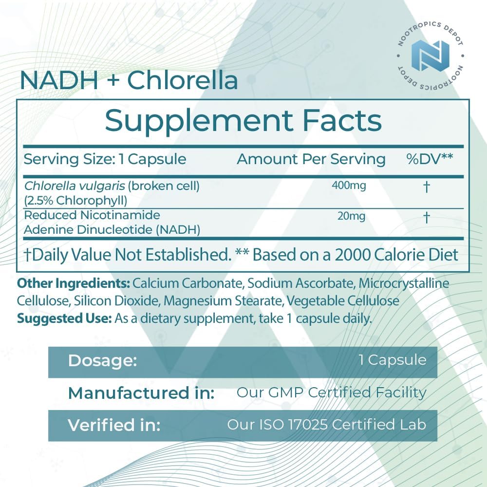 Nootropics Depot NADH + Chlorophyll Capsules 90 Count - Energy, Alertness, Mental Clarity, & Healthy Aging - Nicotinamide Adenine Dinucleotide - Chlorella vulgaris (Broken Cell)
