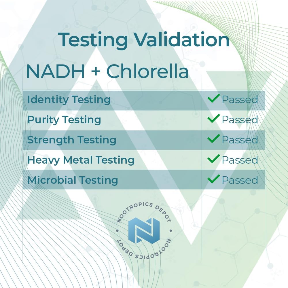Nootropics Depot NADH + Chlorophyll Capsules 90 Count - Energy, Alertness, Mental Clarity, & Healthy Aging - Nicotinamide Adenine Dinucleotide - Chlorella vulgaris (Broken Cell)