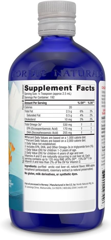 Nordic Naturals Children’s DHA Strawberry 16 oz - 530 mg Omega-3 EPA DHA - Brain Development - Non-GMO - 192 Servings - Kids Omega-3