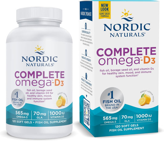 Nordic Naturals Complete Omega-D3 Soft Gels - Lemon Flavor, 120 Count - 565mg Omega-3, 70mg GLA, 1000 IU Vitamin D3 - EPA & DHA - Promotes Healthy Skin, Cognition, Positive Mood - Non-GMO, 60 Servings