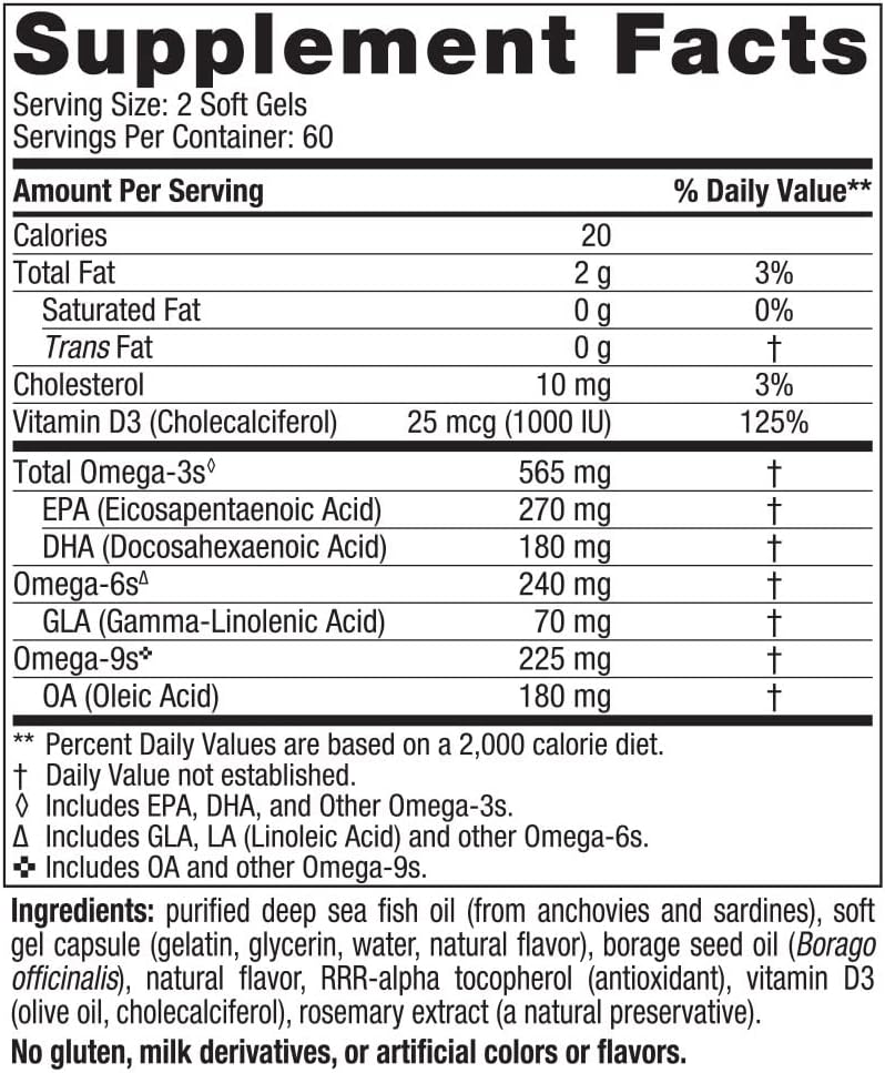 Nordic Naturals Complete Omega-D3 Soft Gels - Lemon Flavor, 120 Count - 565mg Omega-3, 70mg GLA, 1000 IU Vitamin D3 - EPA & DHA - Promotes Healthy Skin, Cognition, Positive Mood - Non-GMO, 60 Servings