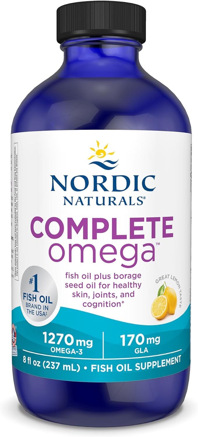 Nordic Naturals Complete Omega Lemon Flavor 8 oz Liquid Supplement - 1270 mg Omega-3 EPA DHA with GLA for Skin, Joints, Cognition, Mood - Non-GMO - 48 Servings