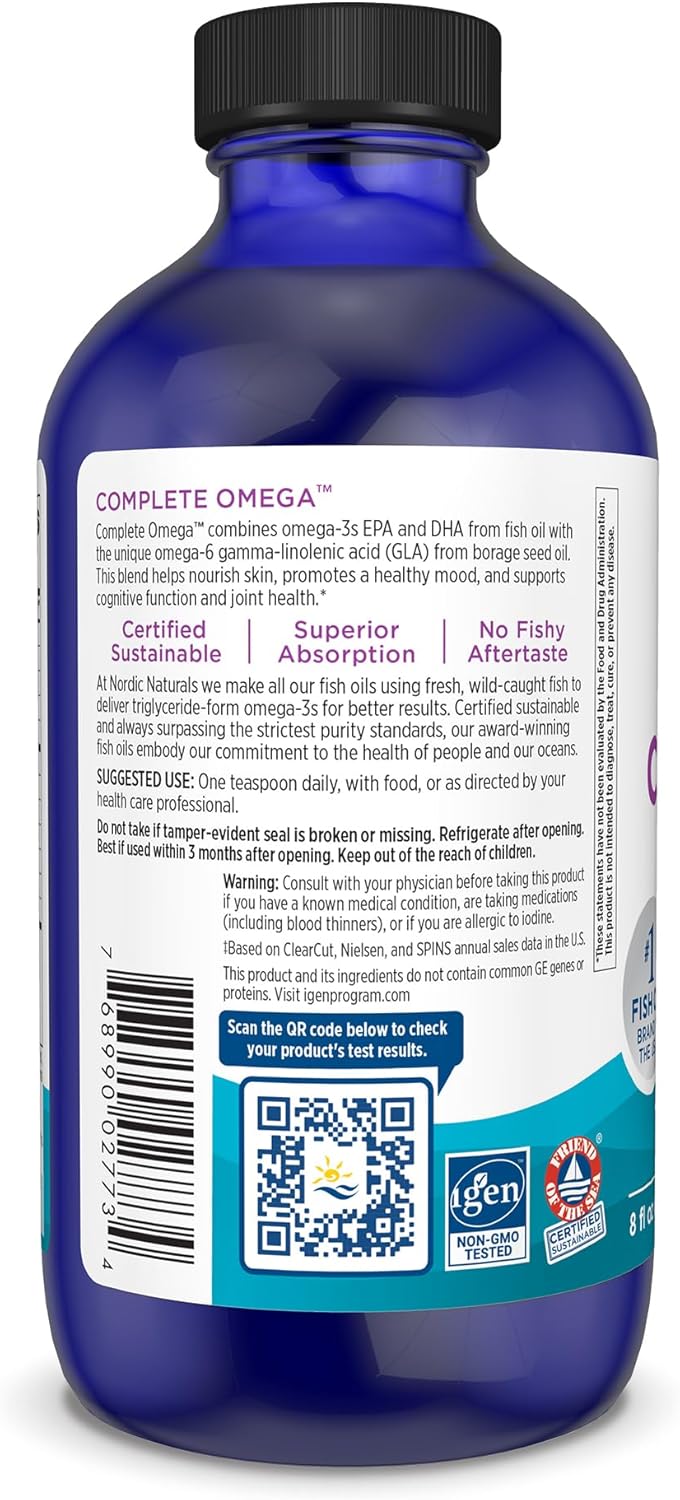Nordic Naturals Complete Omega Lemon Flavor 8 oz Liquid Supplement - 1270 mg Omega-3 EPA DHA with GLA for Skin, Joints, Cognition, Mood - Non-GMO - 48 Servings