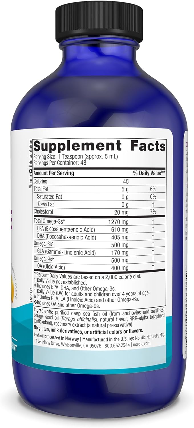 Nordic Naturals Complete Omega Lemon Flavor 8 oz Liquid Supplement - 1270 mg Omega-3 EPA DHA with GLA for Skin, Joints, Cognition, Mood - Non-GMO - 48 Servings