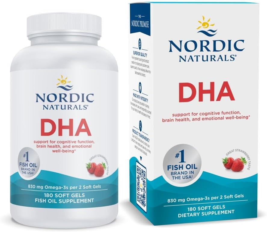 Nordic Naturals DHA Strawberry Soft Gels - 180 Count - 830mg Omega-3 - Brain & Nervous System Support - Non-GMO - 90 Servings