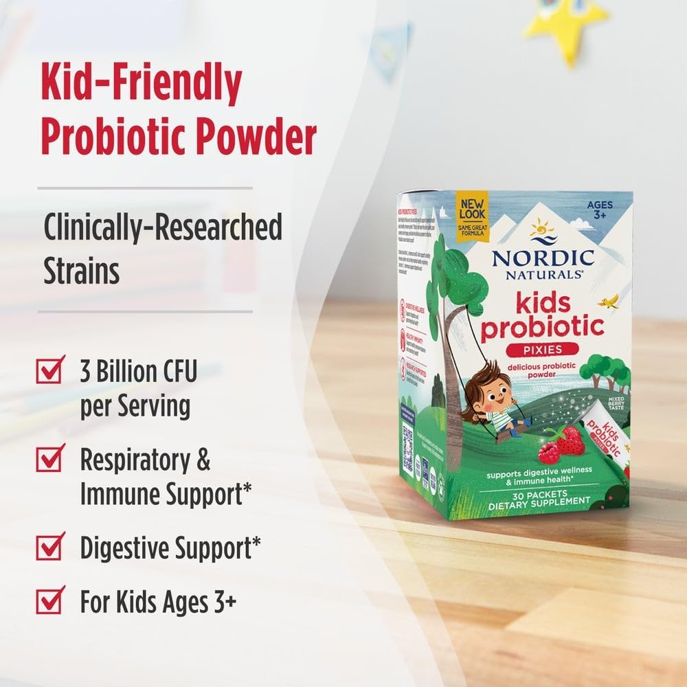 Nordic Naturals Kids Probiotic Pixies, Mixed Berry - 30 Packets - 3 Billion CFU - Digestive & Immune Support - Non-GMO & Vegan - 30 Servings