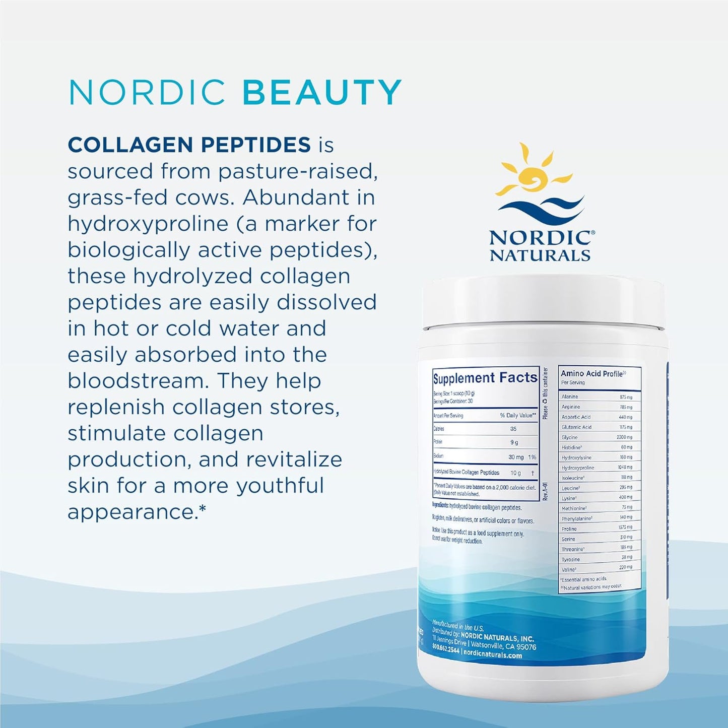 Nordic Naturals Nordic Beauty Collagen Peptides, Unflavored - 10.6 oz - Skin Health & Elasticity - Hot & Cold Beverage Supplement - 30 Servings
