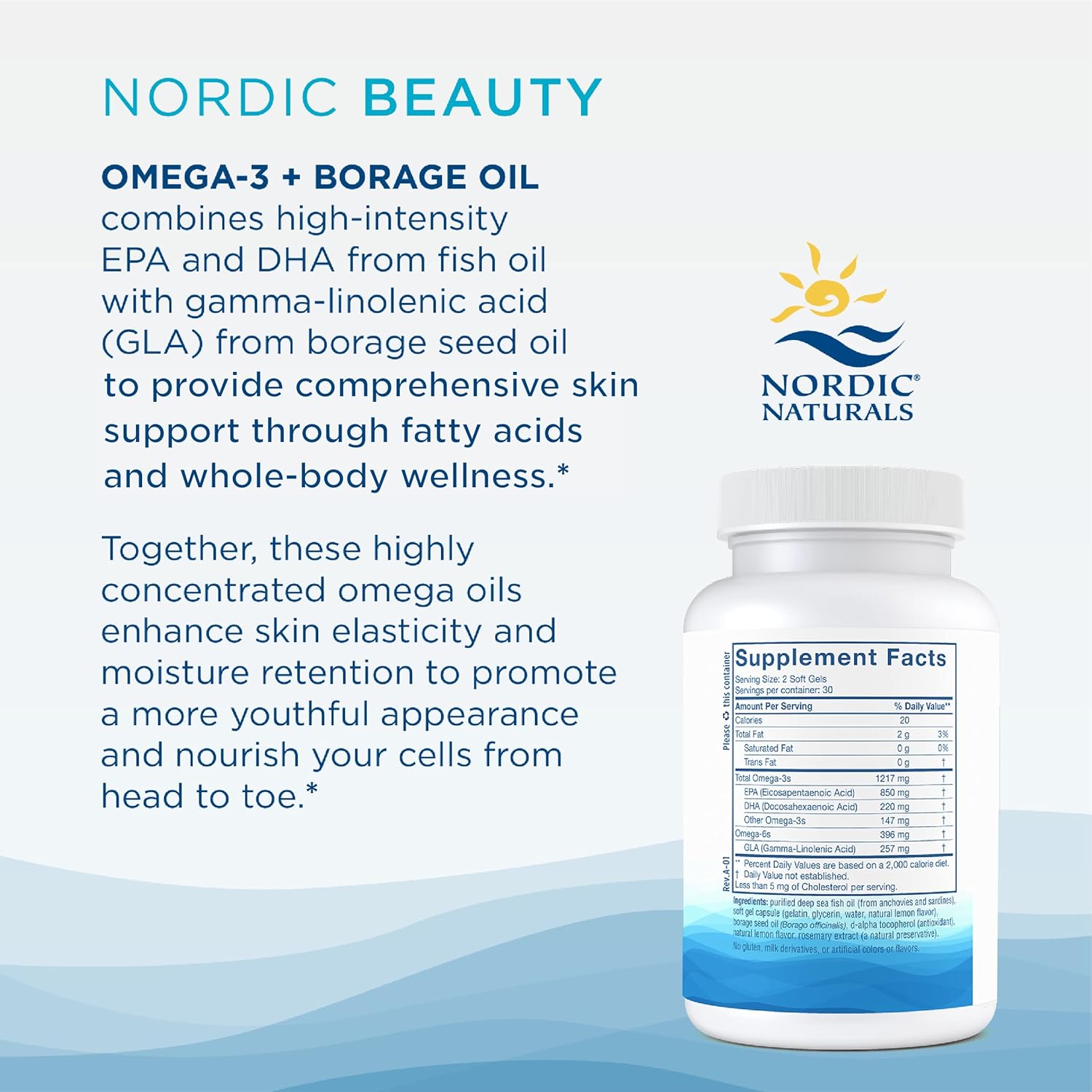 Nordic Naturals Omega-3 + Borage Oil Soft Gels - Skin Health Supplement with Natural Lemon Flavor - Non-GMO - 60 Count