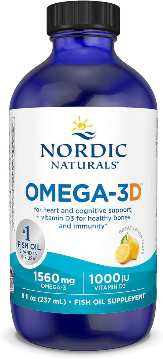 Nordic Naturals Omega-3D Lemon Flavor Fish Oil 8 oz - 1560 mg Omega-3 + 1000 IU Vitamin D3 - EPA & DHA - Immune, Brain, Heart, Bone Health - Non-GMO - 48 Servings