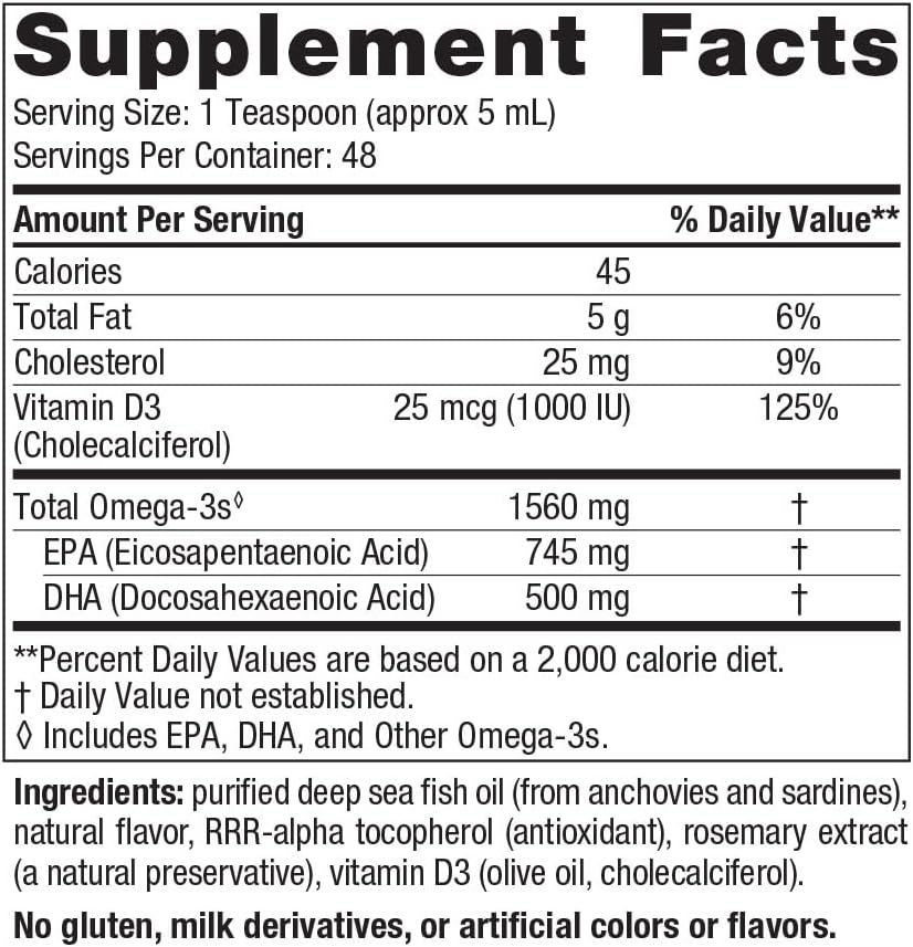Nordic Naturals Omega-3D Lemon Flavor Fish Oil 8 oz - 1560 mg Omega-3 + 1000 IU Vitamin D3 - EPA & DHA - Immune, Brain, Heart, Bone Health - Non-GMO - 48 Servings