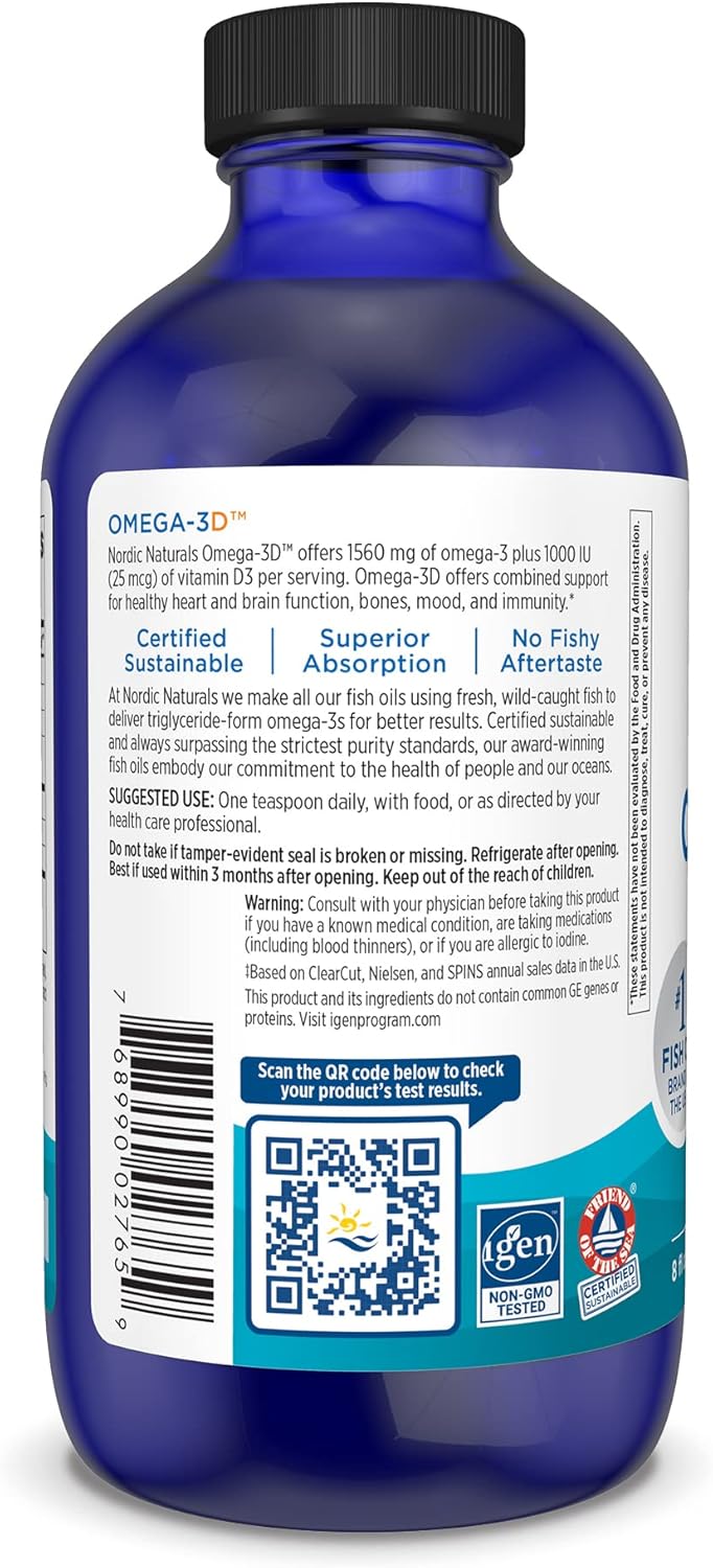 Nordic Naturals Omega-3D Lemon Flavor Fish Oil 8 oz - 1560 mg Omega-3 + 1000 IU Vitamin D3 - EPA & DHA - Immune, Brain, Heart, Bone Health - Non-GMO - 48 Servings