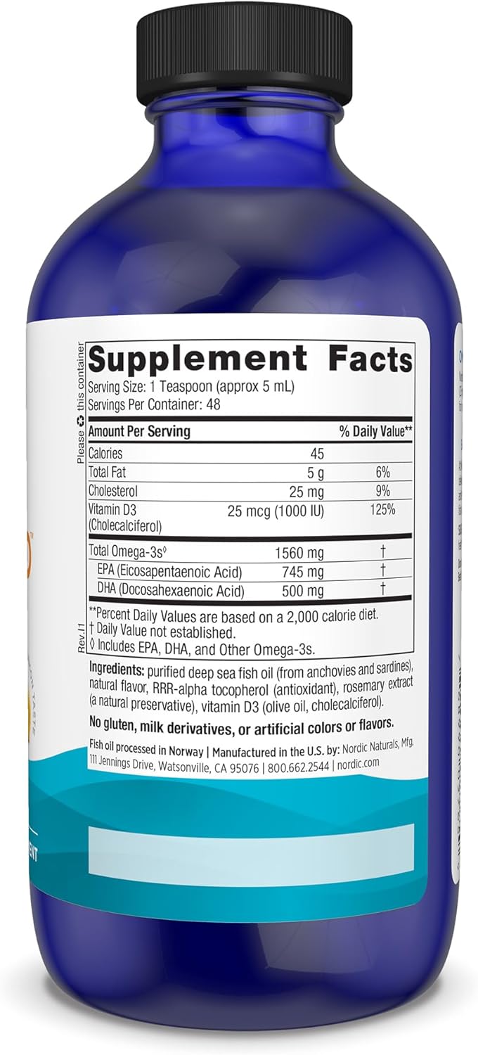 Nordic Naturals Omega-3D Lemon Flavor Fish Oil 8 oz - 1560 mg Omega-3 + 1000 IU Vitamin D3 - EPA & DHA - Immune, Brain, Heart, Bone Health - Non-GMO - 48 Servings