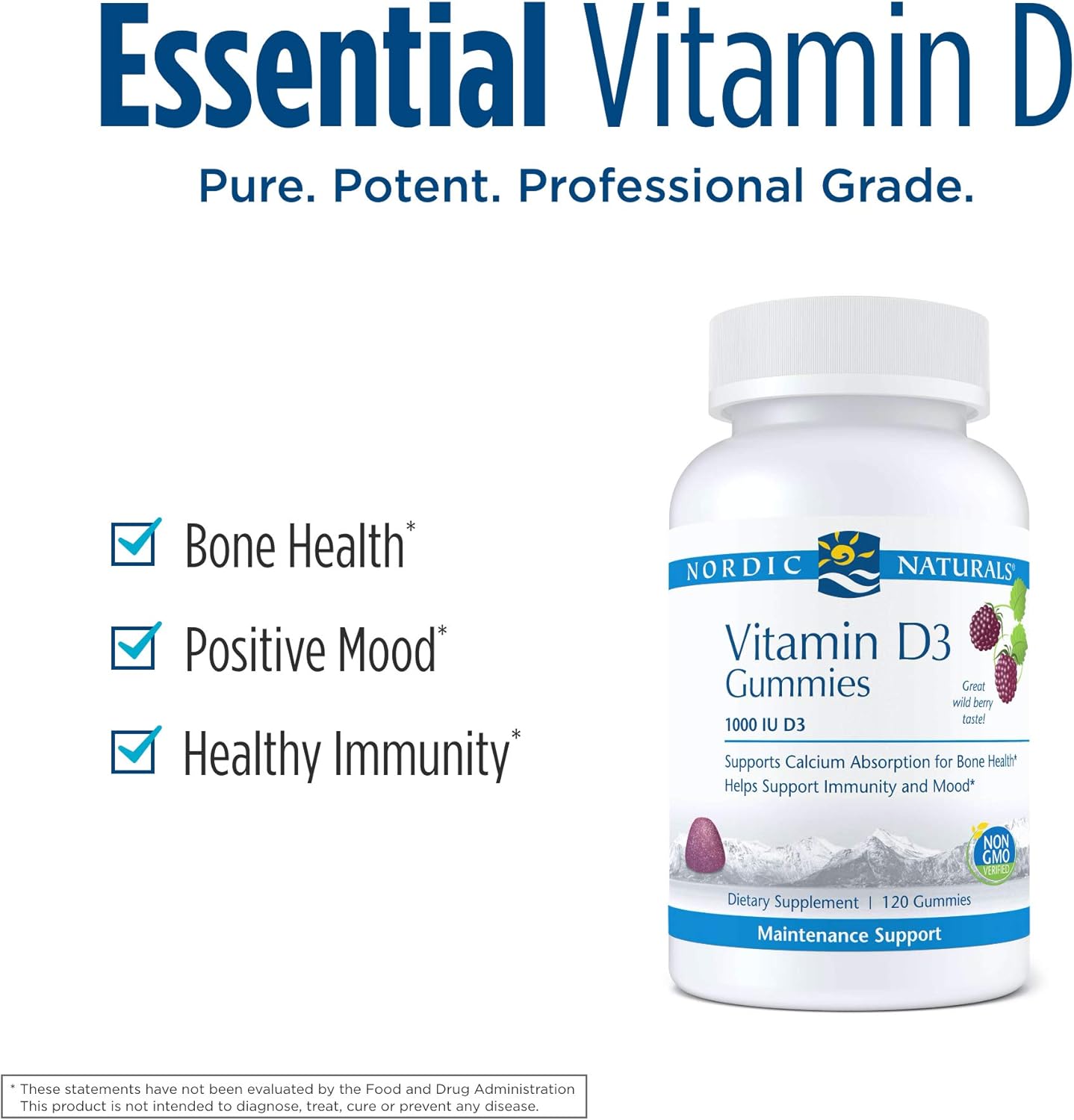 Nordic Naturals Pro Vitamin D3 Gummies - Wild Berry Flavor - 1000 IU - Supports Bone Health, Mood, & Immune System - Non-GMO - 120 Servings