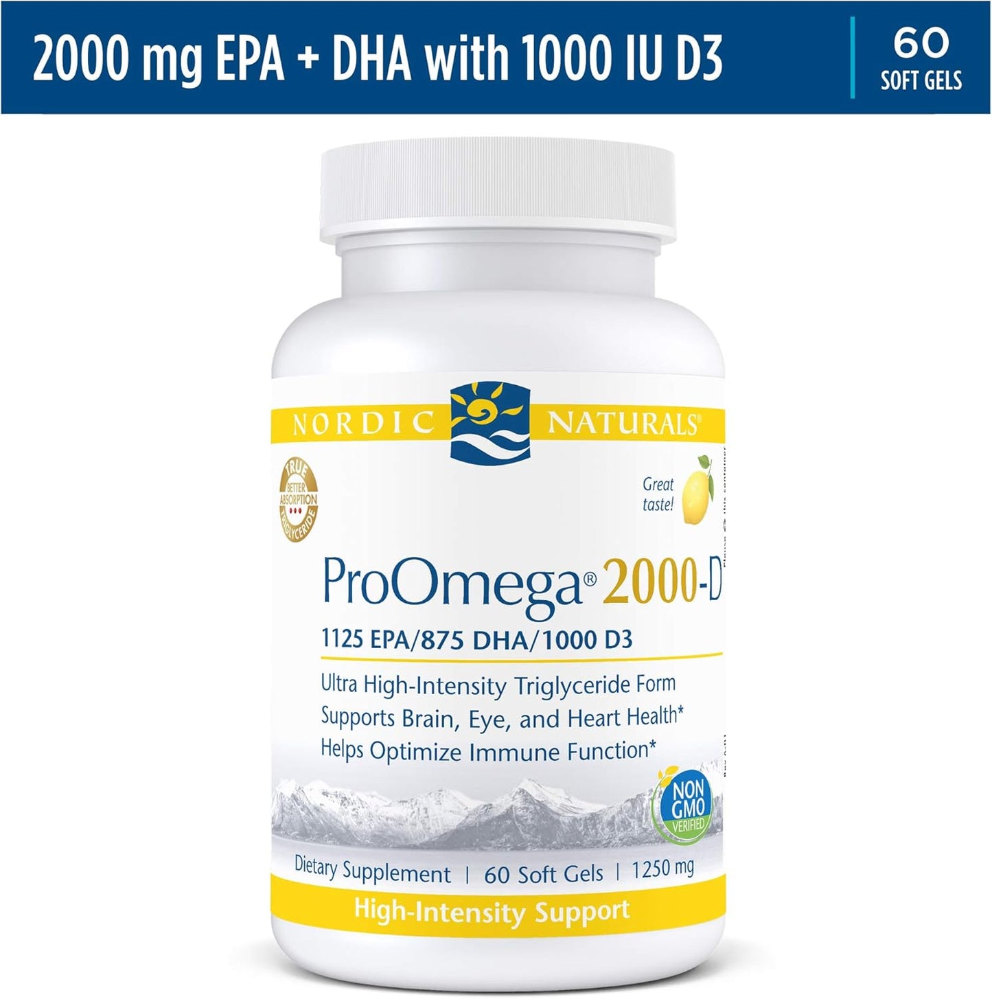 Nordic Naturals ProOmega 2000-D Fish Oil Soft Gels with EPA, DHA, and Vitamin D3 for Heart, Brain, and Eye Health - Lemon Flavor - 60 Count