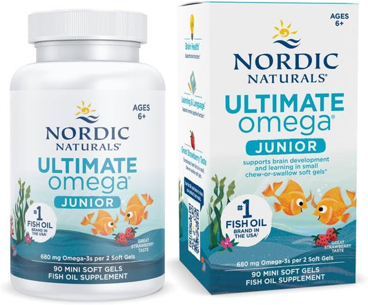 Nordic Naturals Ultimate Omega Jr. Strawberry Soft Gels - 90 Count - 680 Omega-3s - EPA & DHA for Brain Health - Non-GMO - 45 Servings