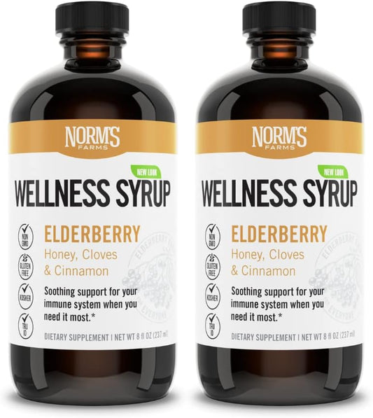 Norm's Farms Black Elderberry Wellness Syrup with Honey, Cinnamon, Cloves - Immune Support - Kosher, Gluten-Free, Non-GMO - 2 x 8 Oz. Bottles