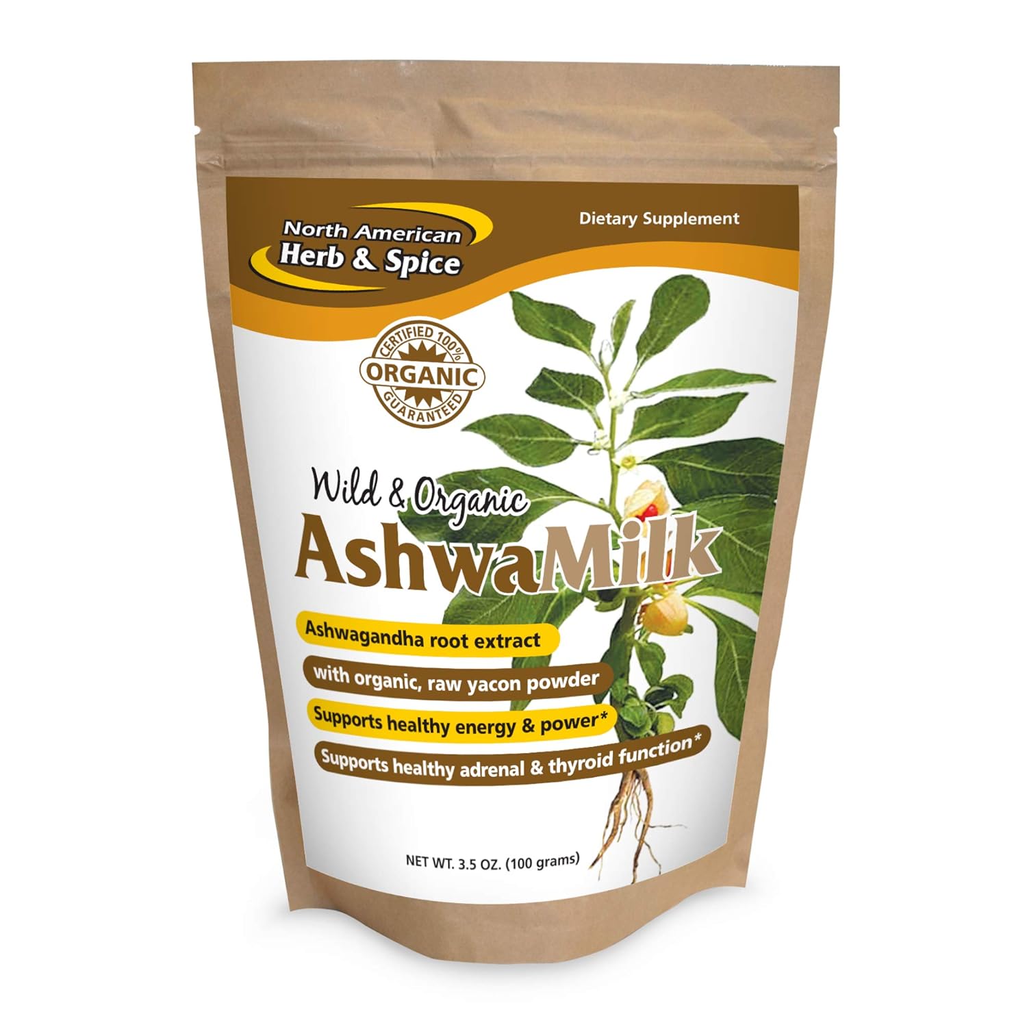 North American Herb & Spice AshwaMilk 3.5 oz - Ashwagandha Root Extract, Yacon Powder - Energy & Stamina - Non-GMO - 36 Servings