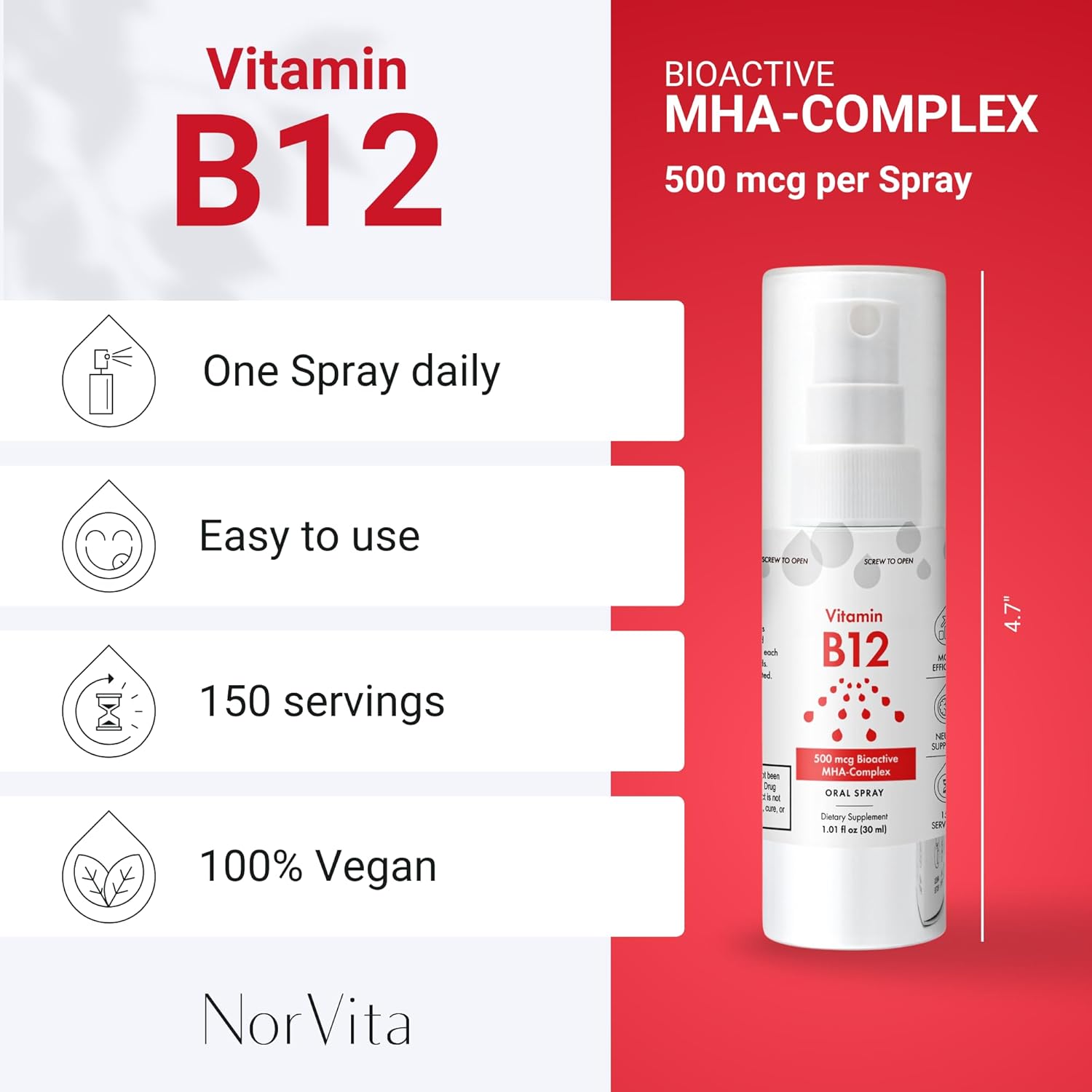 NorVita Vitamin B12 Spray - 500 mcg (150 Servings) - MHA Complex - Vegan & Non-GMO Liquid Supplement