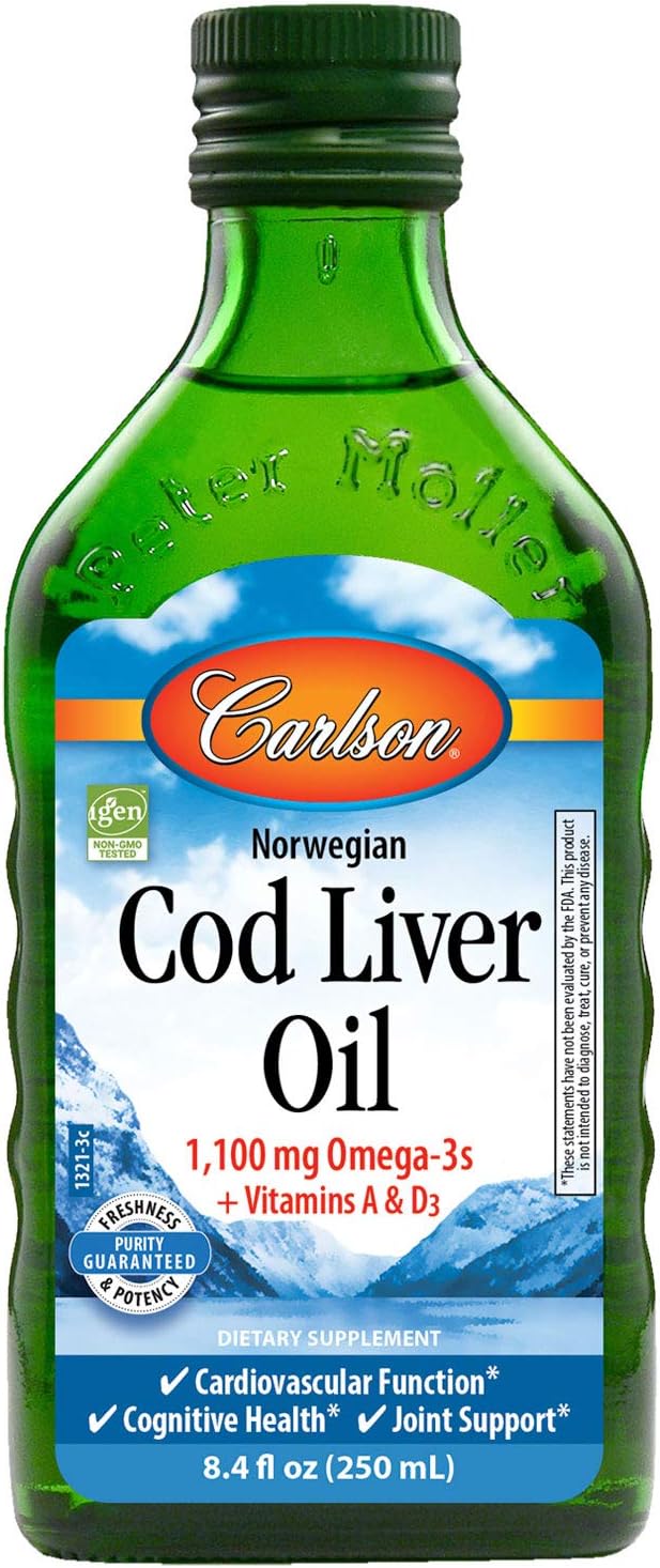 Norwegian Carlson Cod Liver Oil, Natural Source of 1,100 mg Omega-3s, 250 mL Bottle