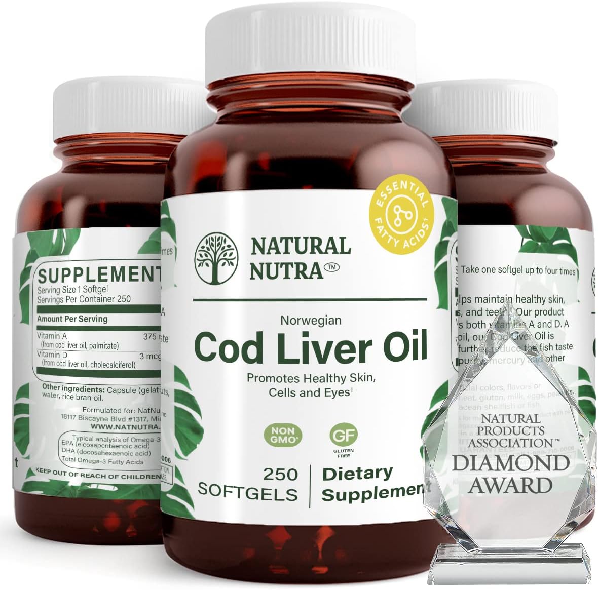 Norwegian Cod Liver Oil Supplement for Skin, Body Density, Eye Health, Dental Health, Cardiovascular Support - 250 Softgels by Natural Nutra
