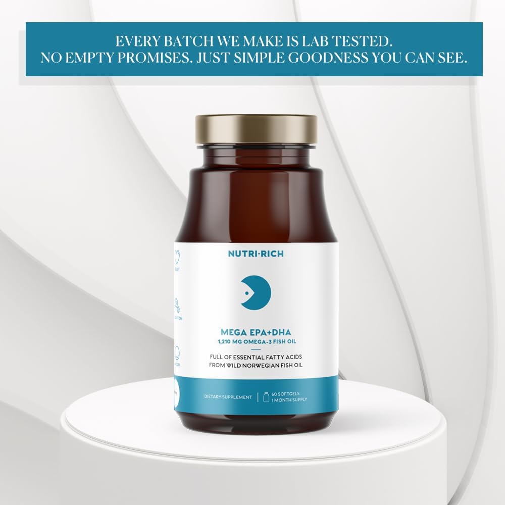 Norwegian Sustainable Omega-3 Fish Oil Softgels with EPA and DHA, Lemon Flavor, Gluten-Free, Heart Health Support - 60 Count (1,210 mg Omega-3)