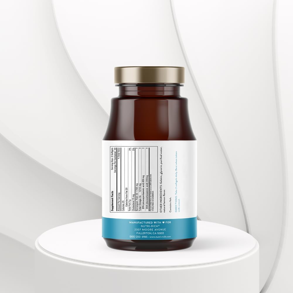 Norwegian Sustainable Omega-3 Fish Oil Softgels with EPA and DHA, Lemon Flavor, Gluten-Free, Heart Health Support - 60 Count (1,210 mg Omega-3)