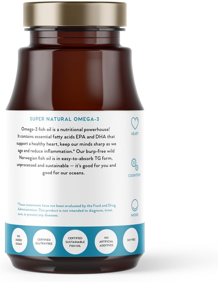 Norwegian Sustainable Omega-3 Fish Oil Softgels with EPA and DHA, Lemon Flavor, Gluten-Free, Heart Health Support - 60 Count (1,210 mg Omega-3)