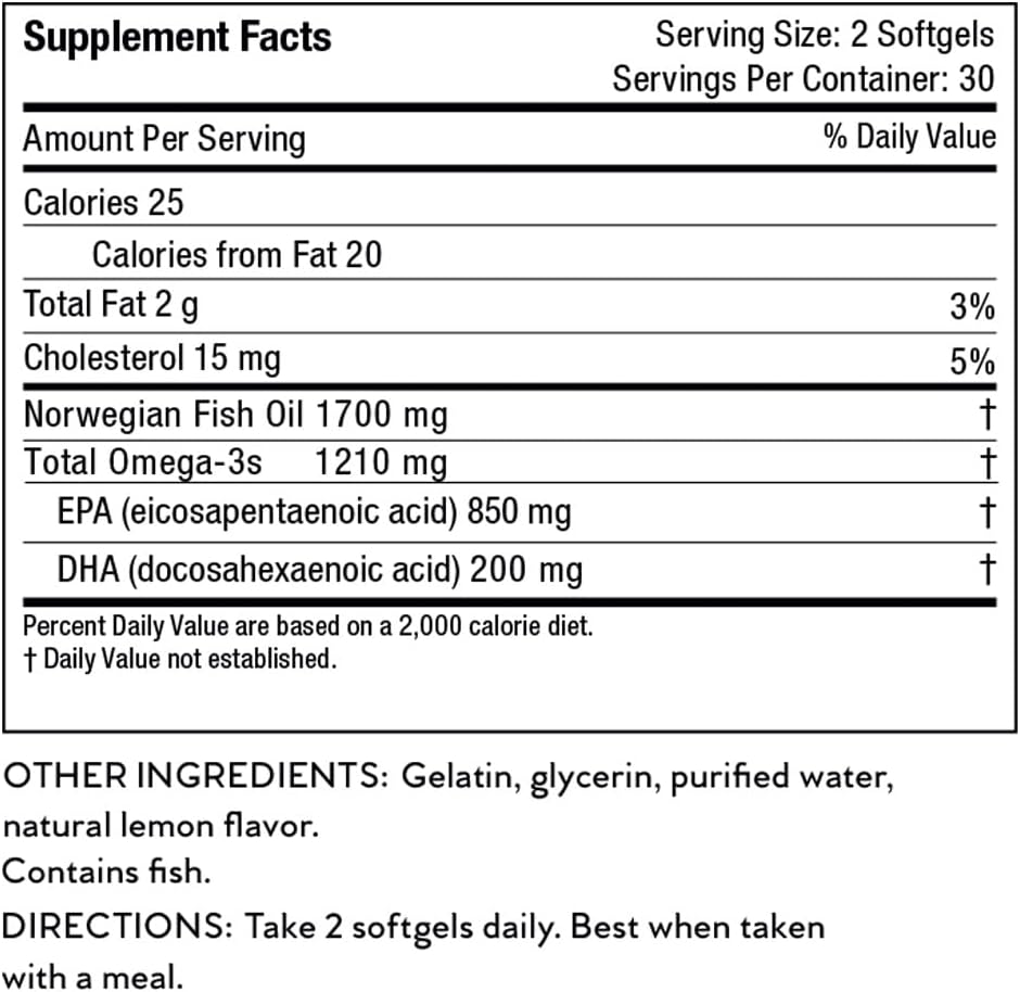 Norwegian Sustainable Omega-3 Fish Oil Softgels with EPA and DHA, Lemon Flavor, Gluten-Free, Heart Health Support - 60 Count (1,210 mg Omega-3)