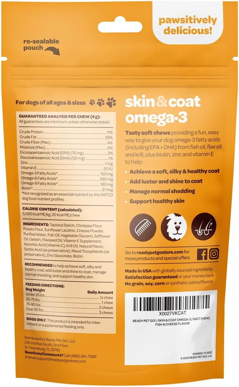 Nourishing Omega 3 Skin and Coat Supplement for Dogs | 90 Chews | EPA DHA Krill Oil & Vitamin E | Up to 75lbs | NASC Certified & Made in USA
