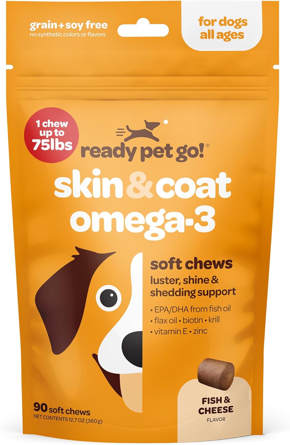 Nourishing Omega 3 Skin and Coat Supplement for Dogs | 90 Chews | EPA DHA Krill Oil & Vitamin E | Up to 75lbs | NASC Certified & Made in USA