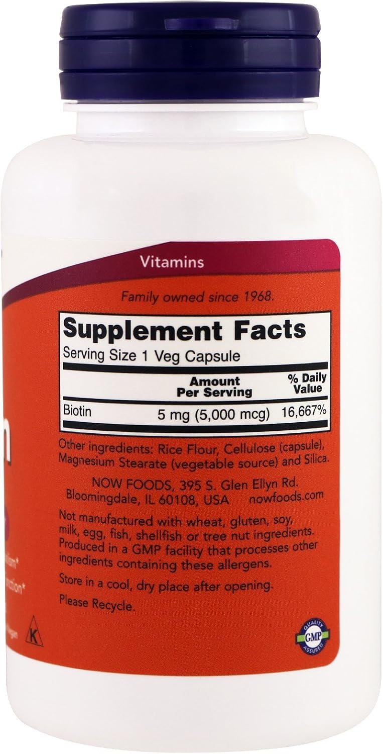 NOW Biotin 5,000 mcg - 120 VCaps (Pack of 2 Bottles) by NOW Foods