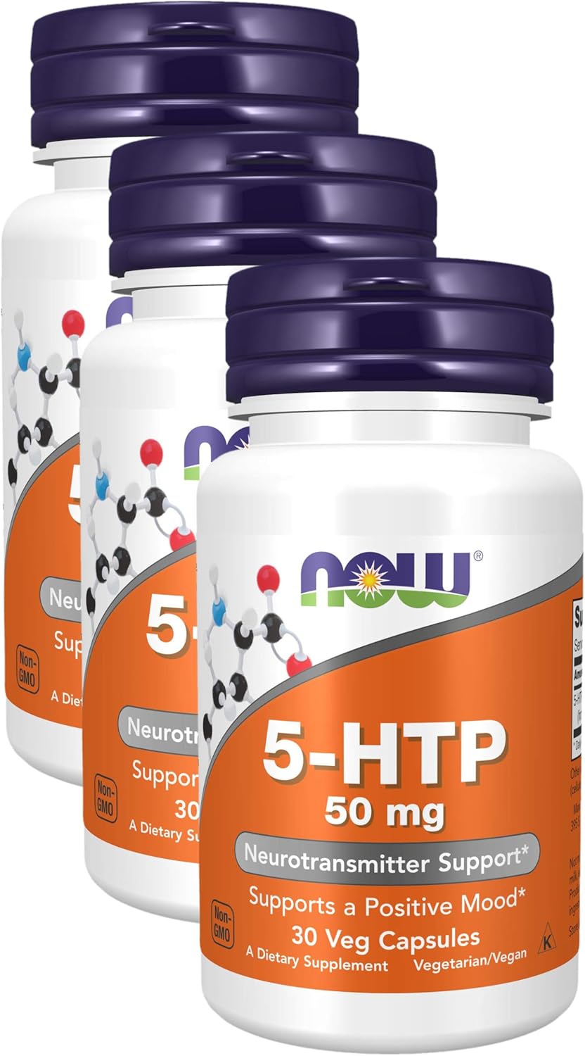 NOW Foods 5-HTP 50 mg Supplement for Neurotransmitter Support - 30 Veg Capsules, Pack of 3