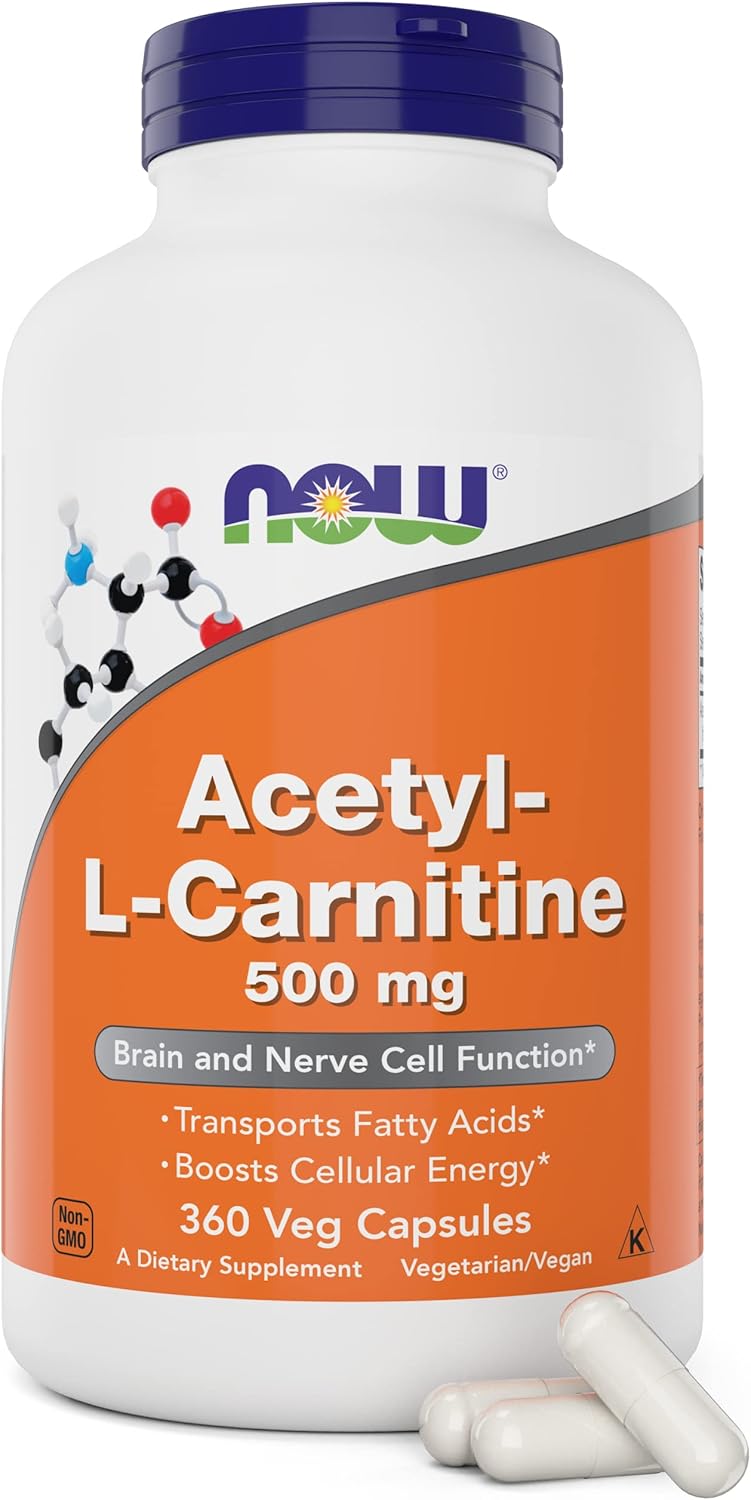 NOW Foods Acetyl L-Carnitine 500mg - 360 Veg Capsules | Non-GMO Supplement for Energy & Focus