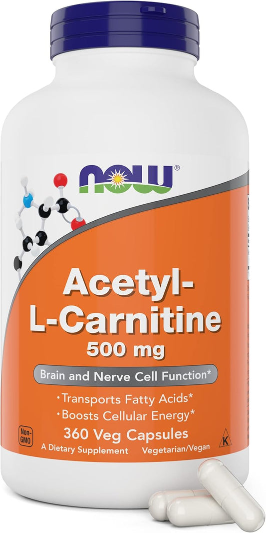 NOW Foods Acetyl L-Carnitine 500mg - 360 Veg Capsules | Non-GMO Supplement for Energy & Focus