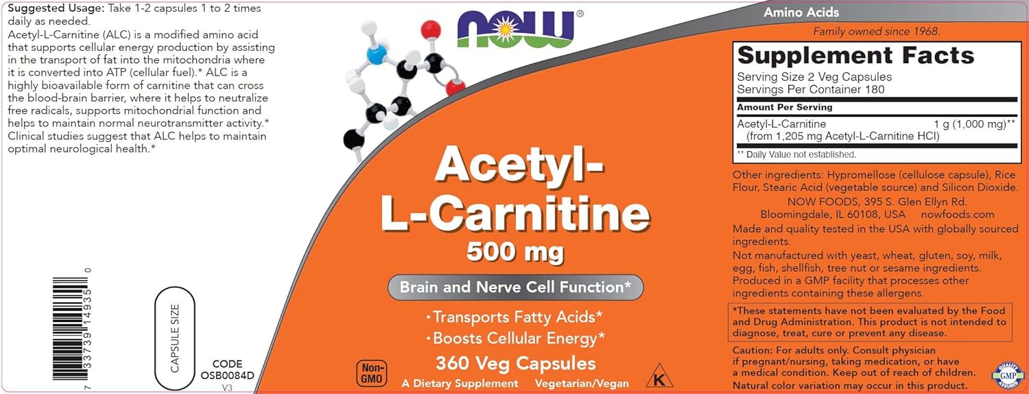 NOW Foods Acetyl L-Carnitine 500mg - 360 Veg Capsules | Non-GMO Supplement for Energy & Focus