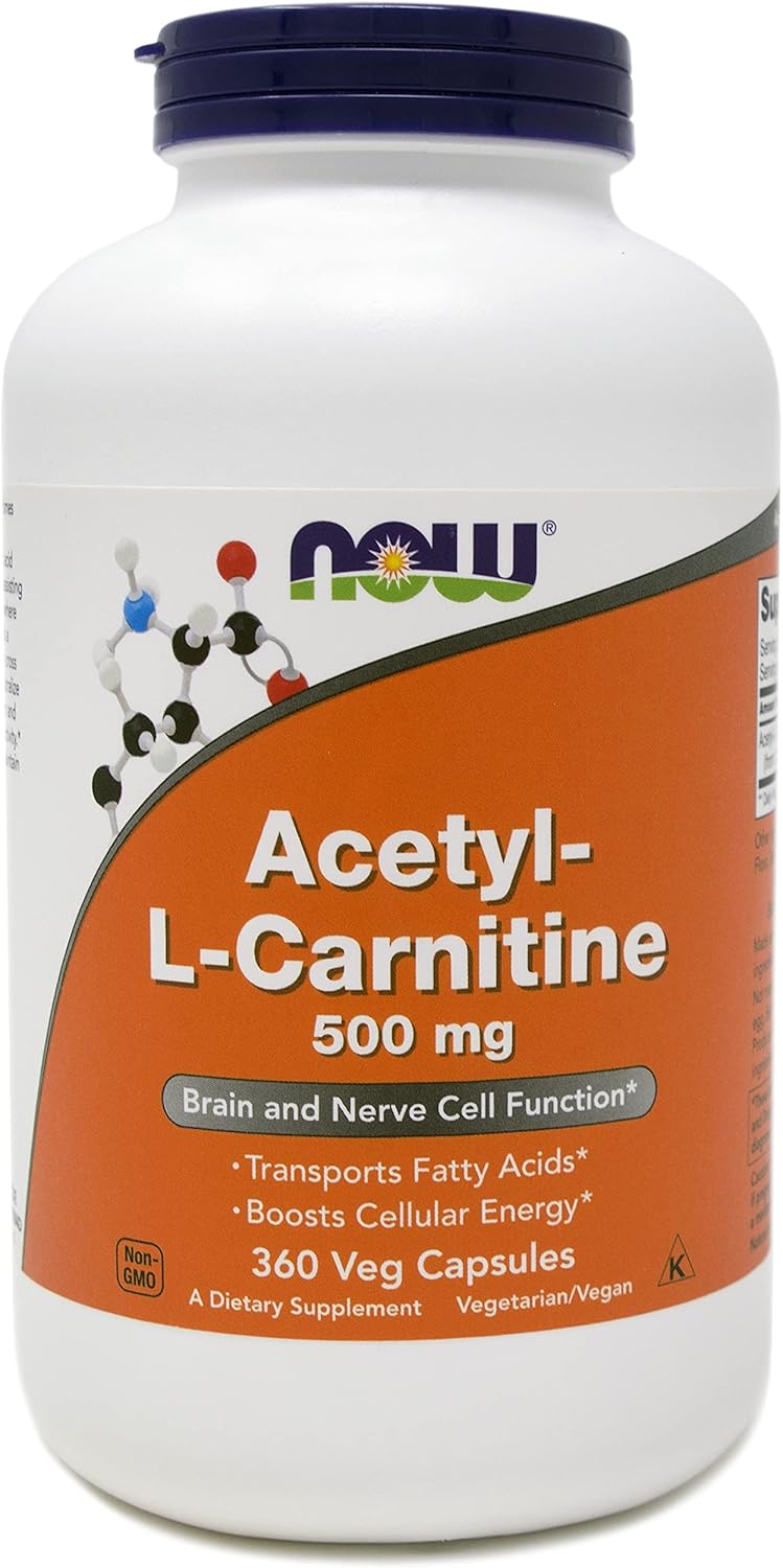 NOW Foods Acetyl L-Carnitine 500mg - 360 Veg Capsules | Non-GMO Supplement for Energy & Focus