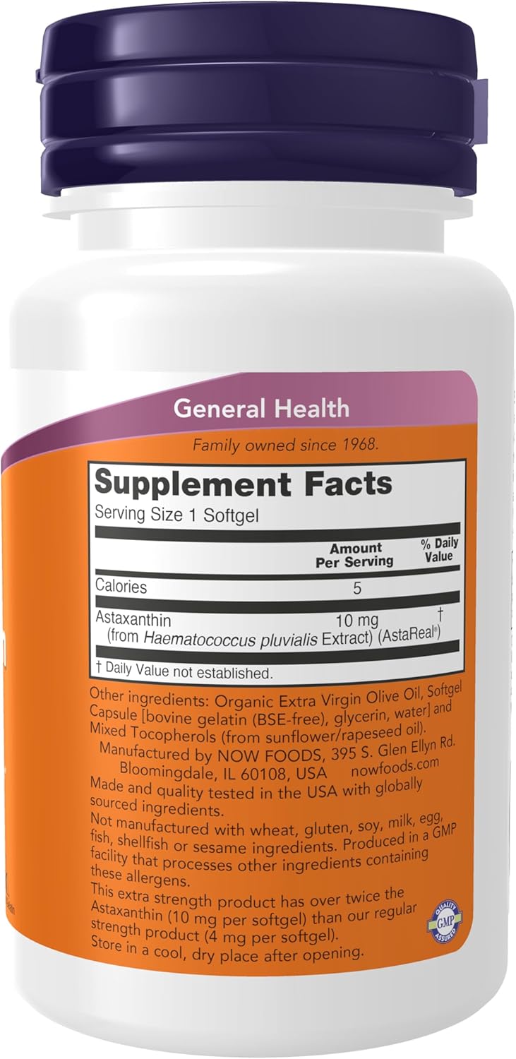 NOW Foods Astaxanthin 10mg Softgels - Extra Strength Non-GMO Formula with Lutein, Canthaxanthin, Beta-Carotene - 30 Count